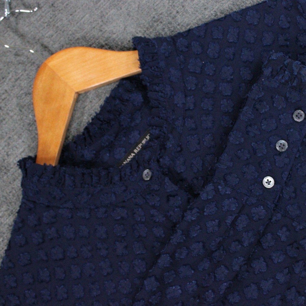 Banana Republic Dillon Classic Fit Navy Blue Textured Clip Dot Ruffle Blouse L
